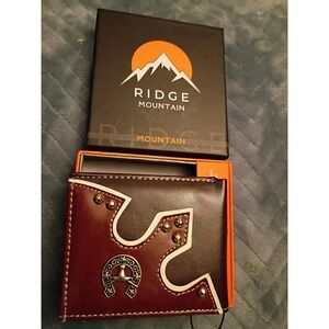 Ridge Mountain Cowboy Longhorn Bi-fold Black & Brown Studded Wallet NWOT In Box